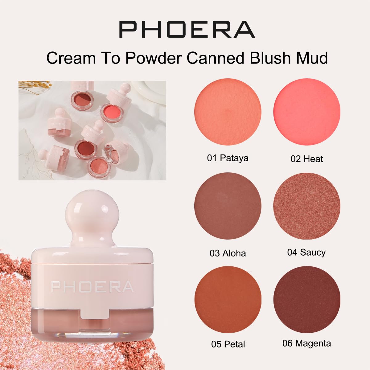 PHOERA Cream To Powder Canned Blush Mud, Lightweight Longwear Cheek Blush with Puff & Mirror, Matte & Shimmer Finish - Image 4