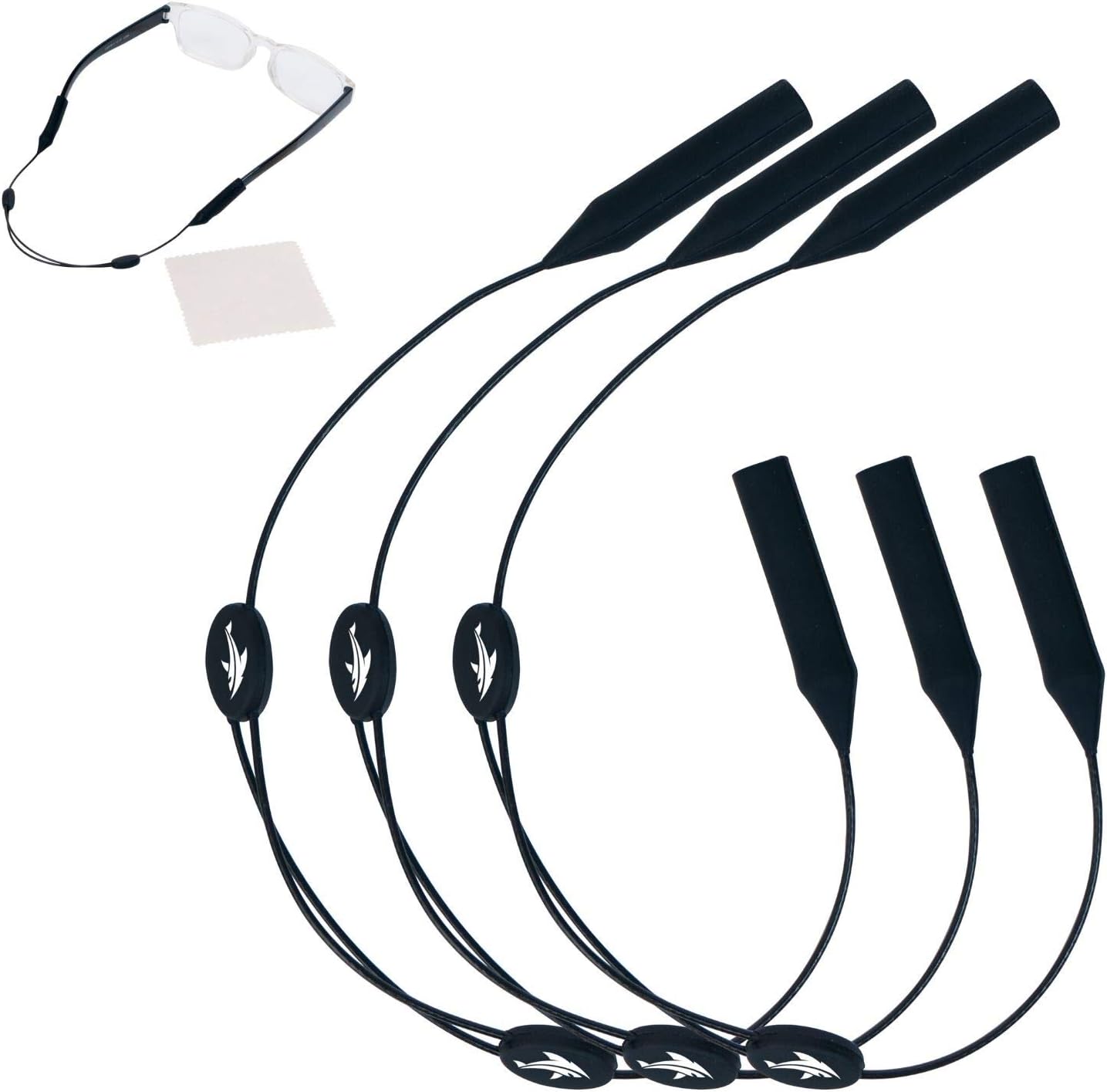 Adjustable Eyeglass Strap (3 Pack Shark Style) - No Tail Sunglass Strap - Eyewear String Holder - With Bonus Glasses Cleaning Cloth - 3 Pack