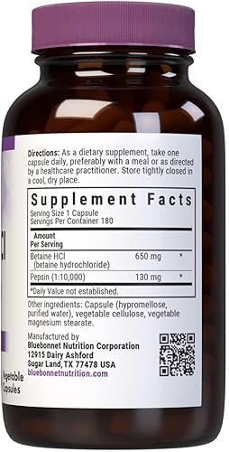 Miniatura 2 de BlueBonnet Betaína HCI Plus Pepsina Cápsulas Vegetarianas, 180 unidades (paquete de 1)