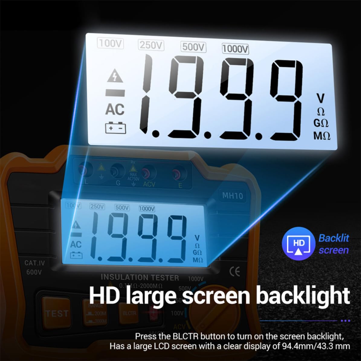 CRAFTHROU Megóhmetro Digital Lcd para Prueba de Aislamiento Salida de Múltiples Niveles de Voltaje y Gran Capacidad, Adecuado para Mantenimiento y Test de Equipos de Alta Tensión