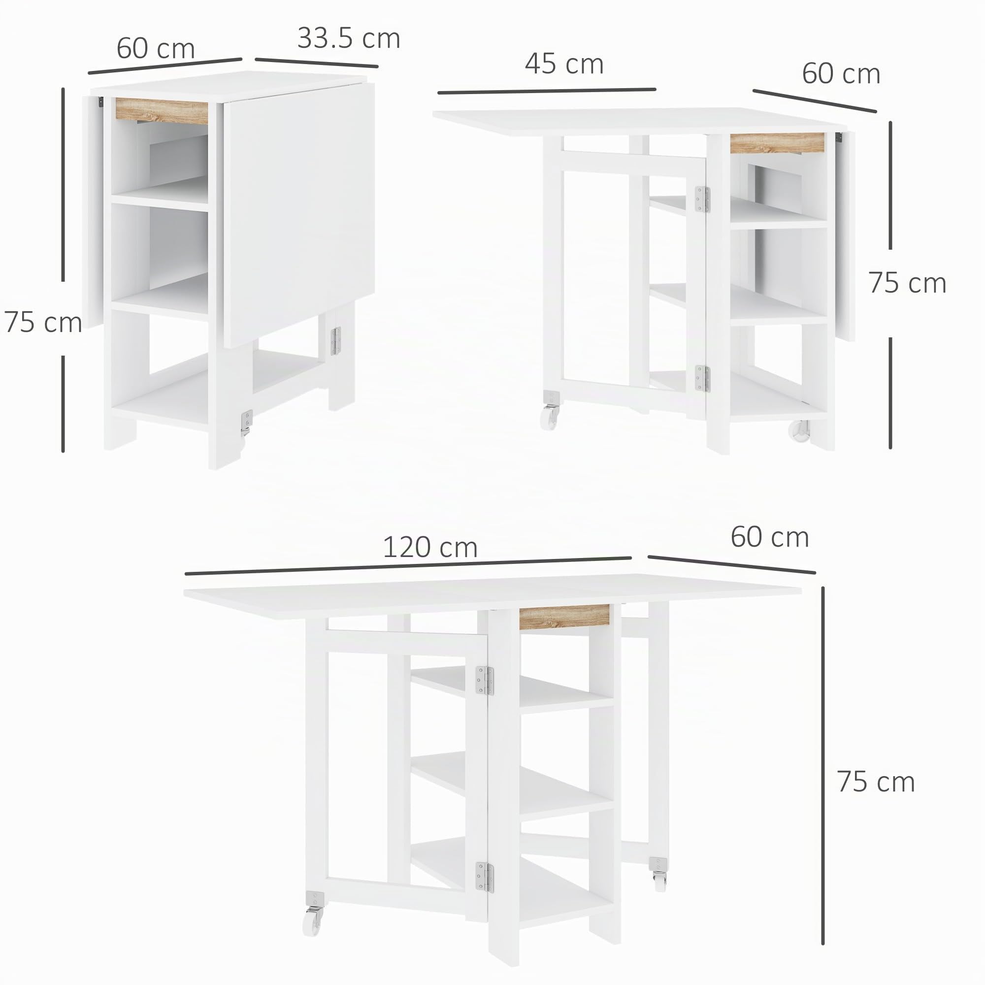 HOMCOM Tavolo da Pranzo Pieghevole Tavolo a Ribalta 120x60x75 cm Bianco | Con Ruote per 4 Persone, Scrivania Richiudibile Salvaspazio, Con 2 Ribalte e Ripiani, Soggiorno, Casa, Ufficio