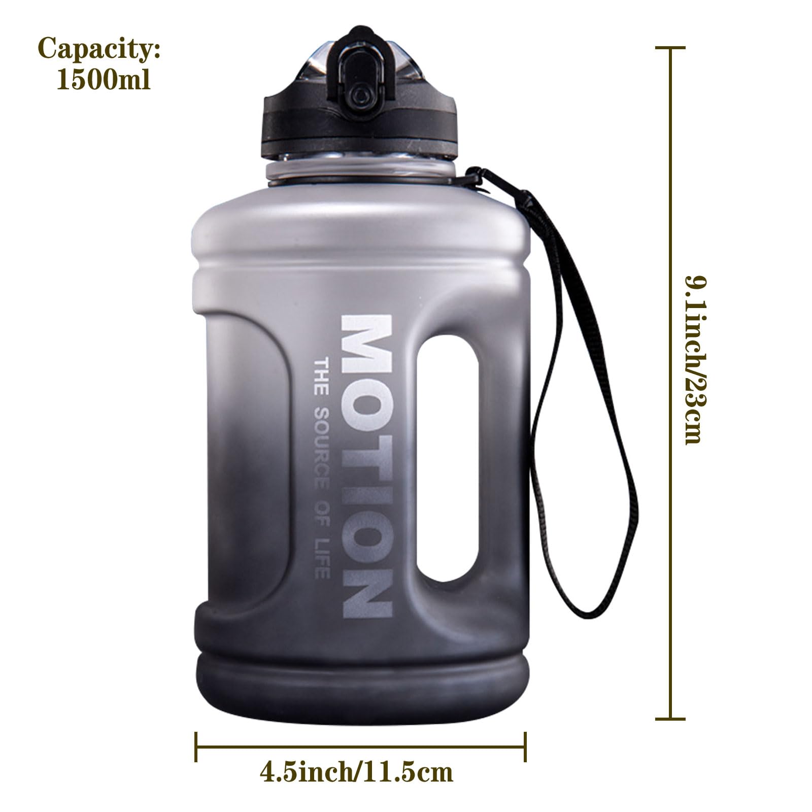 Ogetok 1.5L Large Water Bottle 50oz Black Water Jug, 0.4 Gallon Sports Gym Drink Container with Handle & Straw - Image 2