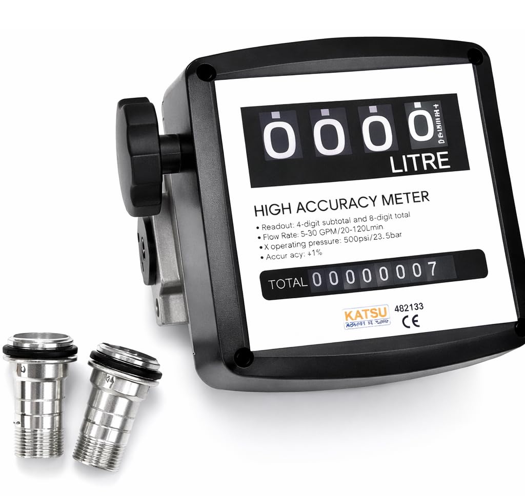 Katsu Tools Katsu 4 Digital Diesel Fuel Oil Flow Meter Counter, Fuel Pump Transfer Tank Marine Mechanical Flowmeter 3.5 Bar Accuracy 1% 482133
