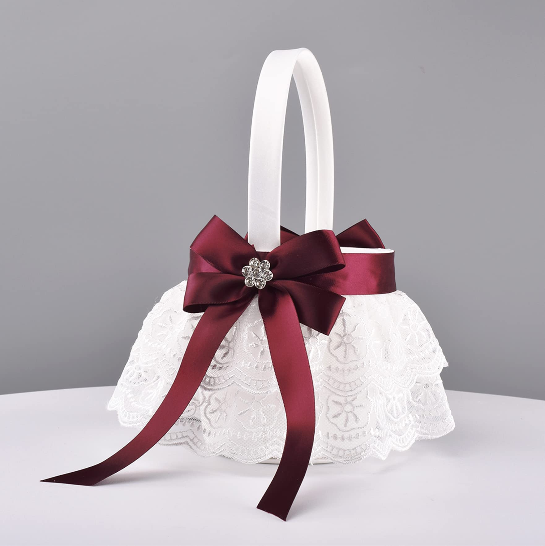 ATAILOVE Ensemble de paniers et coussins pour alliances de demoiselle d'honneur – Double dentelle accentuée motif royal (rouge)