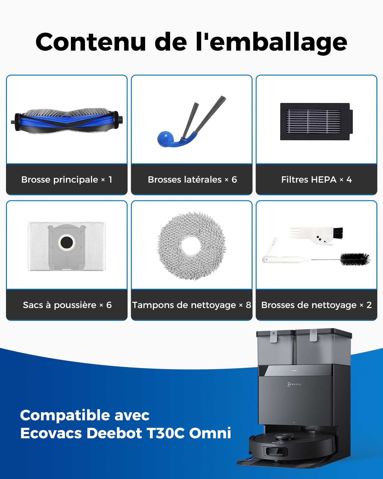 T50 OMNI Gen3 Accessoires pour Ecovacs Deebot T50 PRO OMNI Gen3/T30C Omni/T30C Omni Gen2,27 Pièces:1 Brosse Principale,6 Brosses Latérales,6 Sacs à Poussière,4 Filtres HEPA,8 Lingettes de Nettoyage