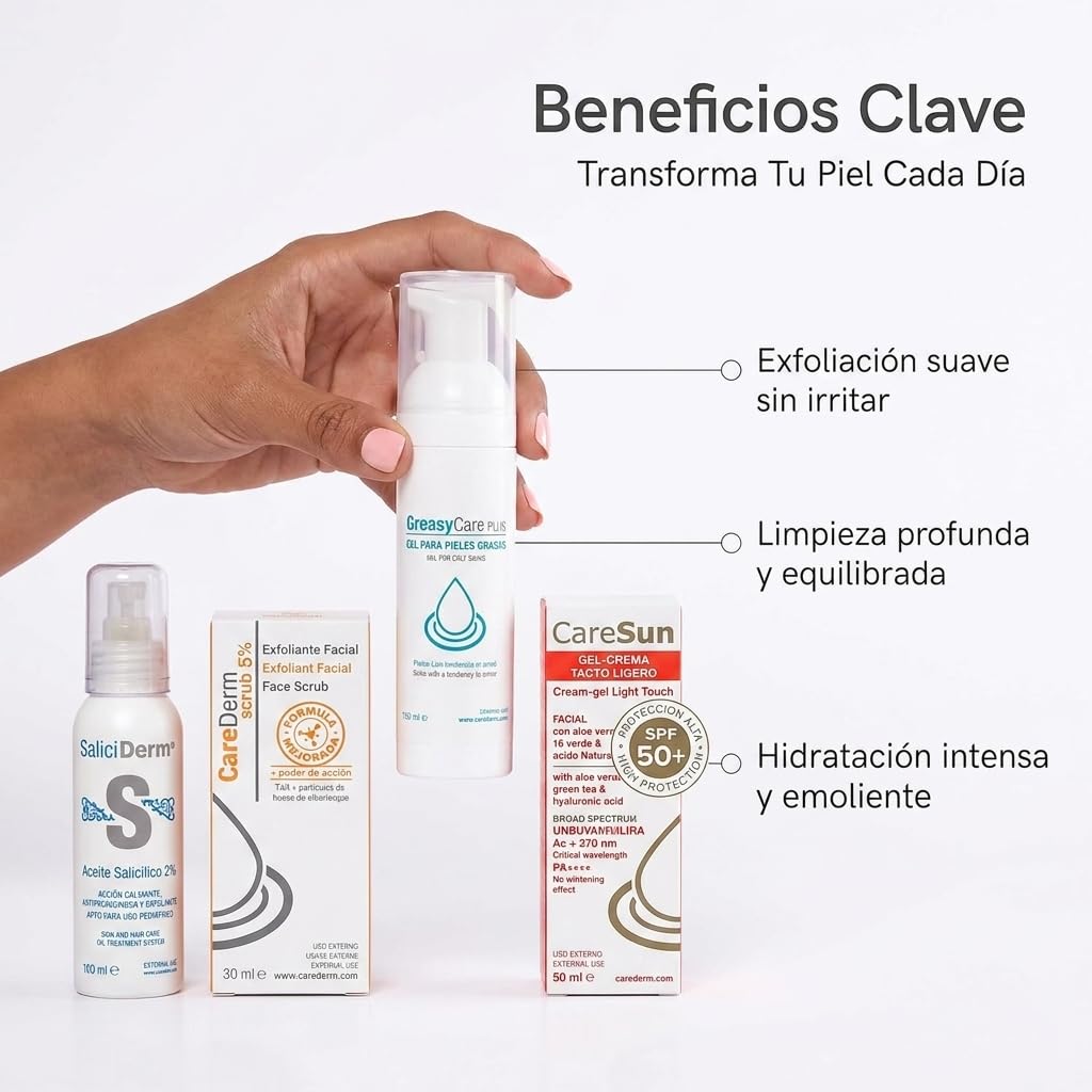 Zestaw przeciw trądzikowi | Greasycare, Saliciderm 2%, Scrub 5%, Caresun Gel Light Touch | Kompletne dla wrażliwej i niedoskonałej skóry | Antyoksydacyjny ochraniacz nawilżający | Odnowiający peeling