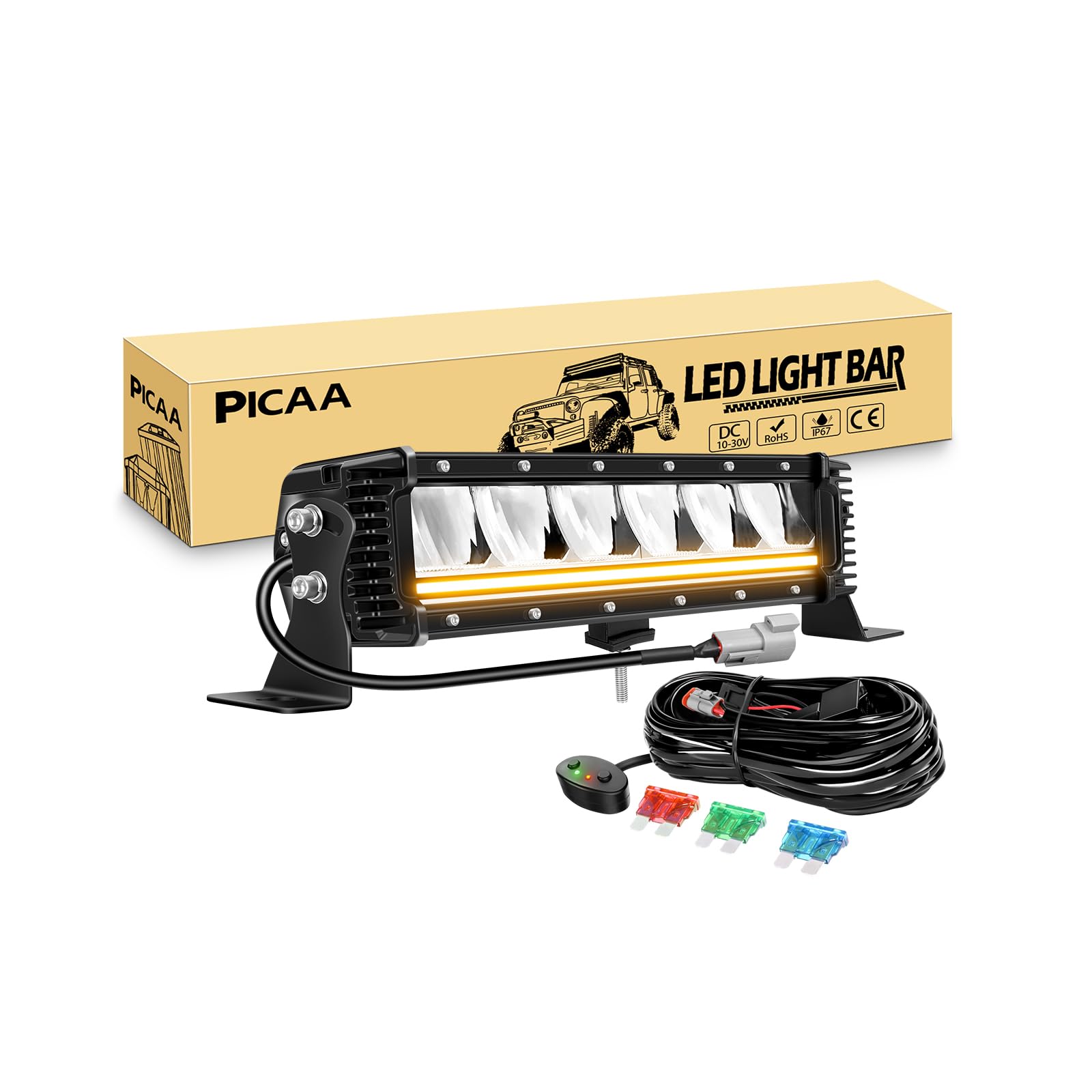 PICAA Barre LED 13 Pouces 32 cm 120W, Feux de Jour DRL Ambre, Rampe à LED | avec Kit de Câblage 12V pour Camion, Bateau, Projecteur, Feux de Brouillard, 4x4, ATV, Véhicule,étanche IP67