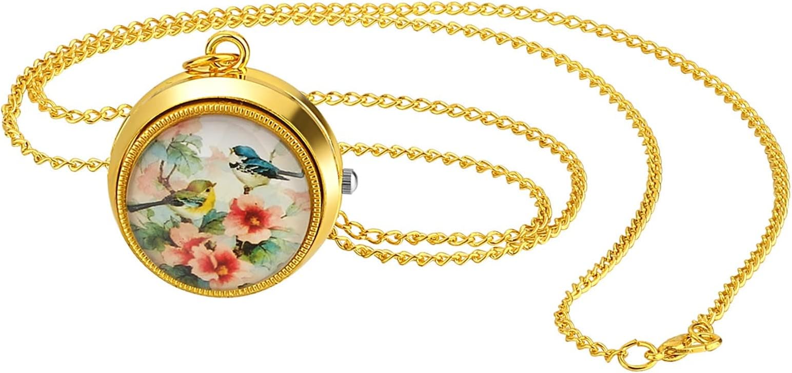 Vintage Pocket Watch for Women Classic Gold Plated Round Analog Quartz Watch Clock Pendant Necklace Watch with Chain, for Mothers Day