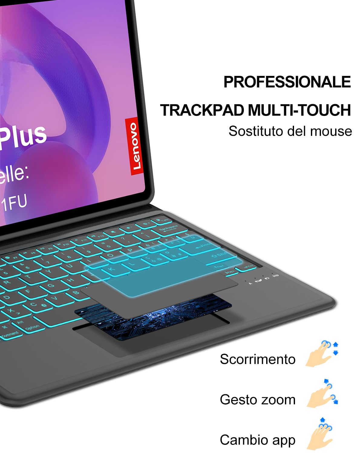 Cover con Tastiera per Lenovo Idea Tab Plus 12.1" (2025) & Tab K12 12.1" TB361FU/TB361ZU, Italiano, Con Retroilluminazione 7 Colori e Touchpad, Bluetooth, Fascia Penna