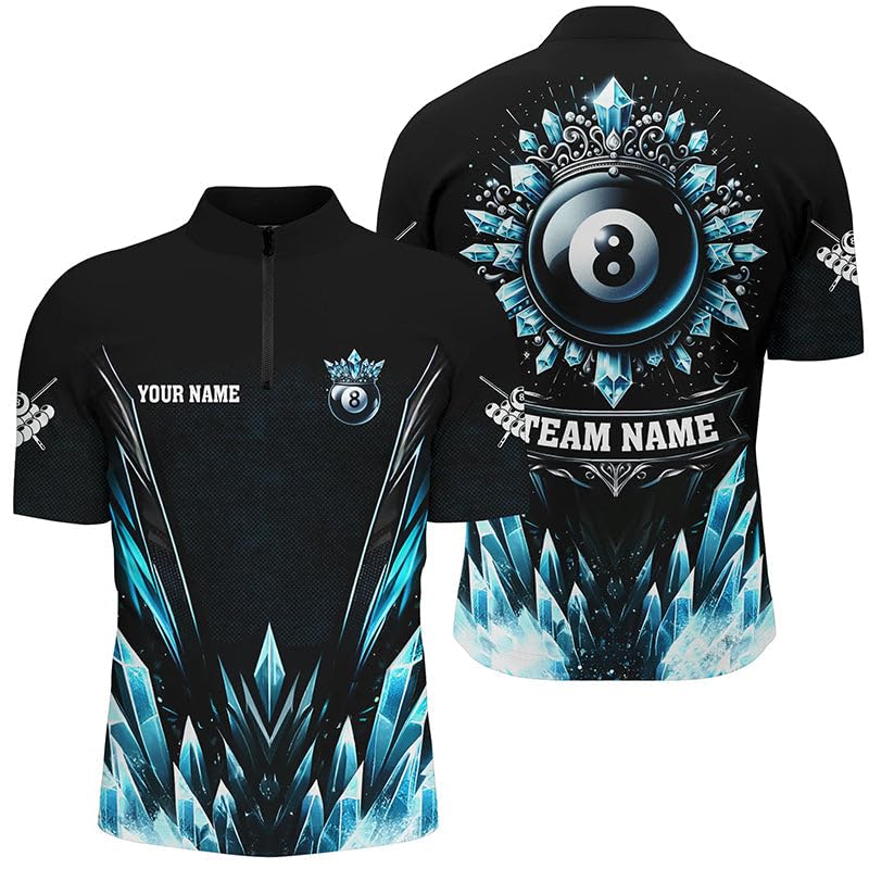 Generic Customized Blue Ice Funny 8 Ball Pool Crown Men Quarter-Zip Shirts Custom Billiard Jerseys, Custom Name Team Name Quarter-Zip Shirts, Small-X-Large