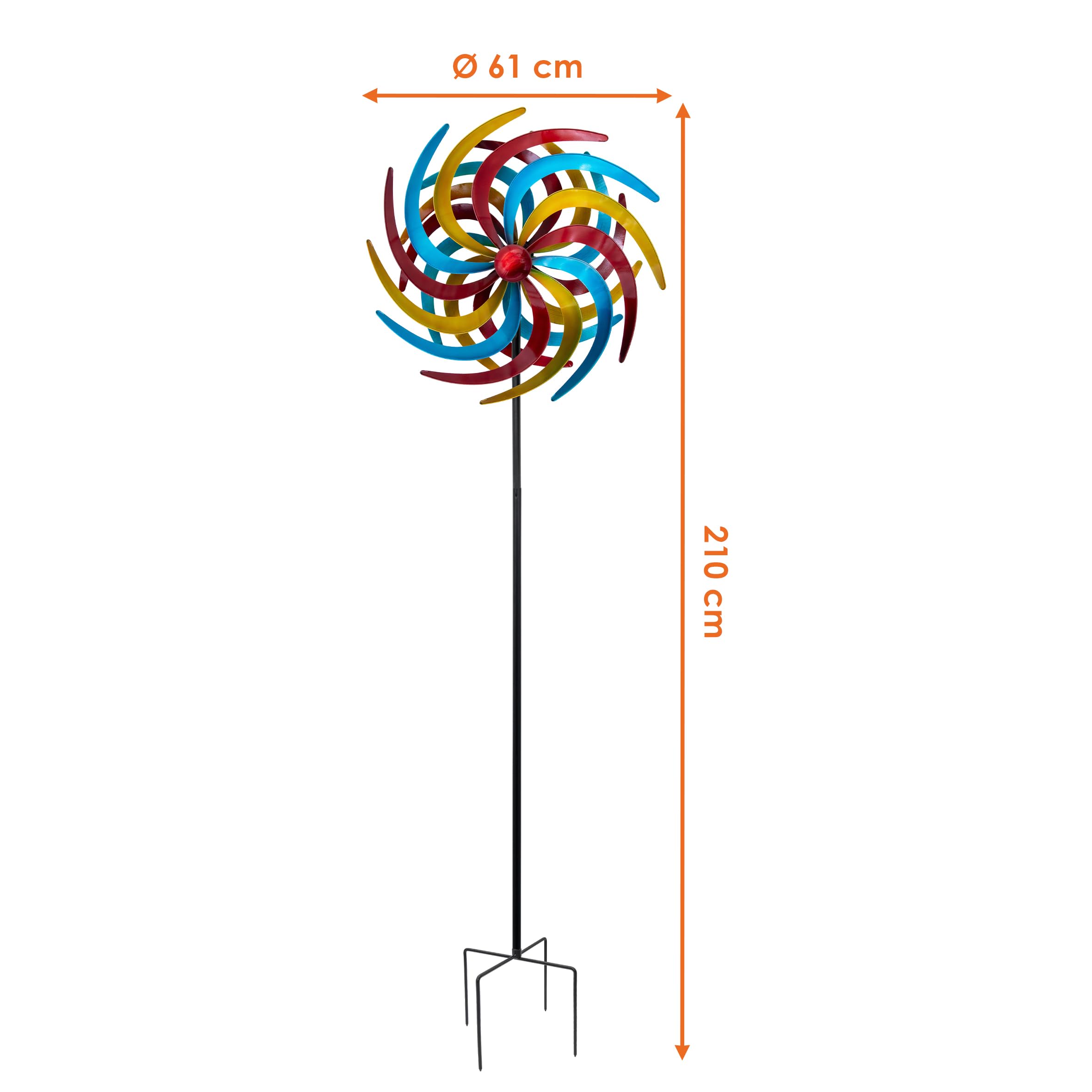 Molinillo de viento de metal, multicolor, diámetro de 61 cm, altura 210 cm, decoración para jardín