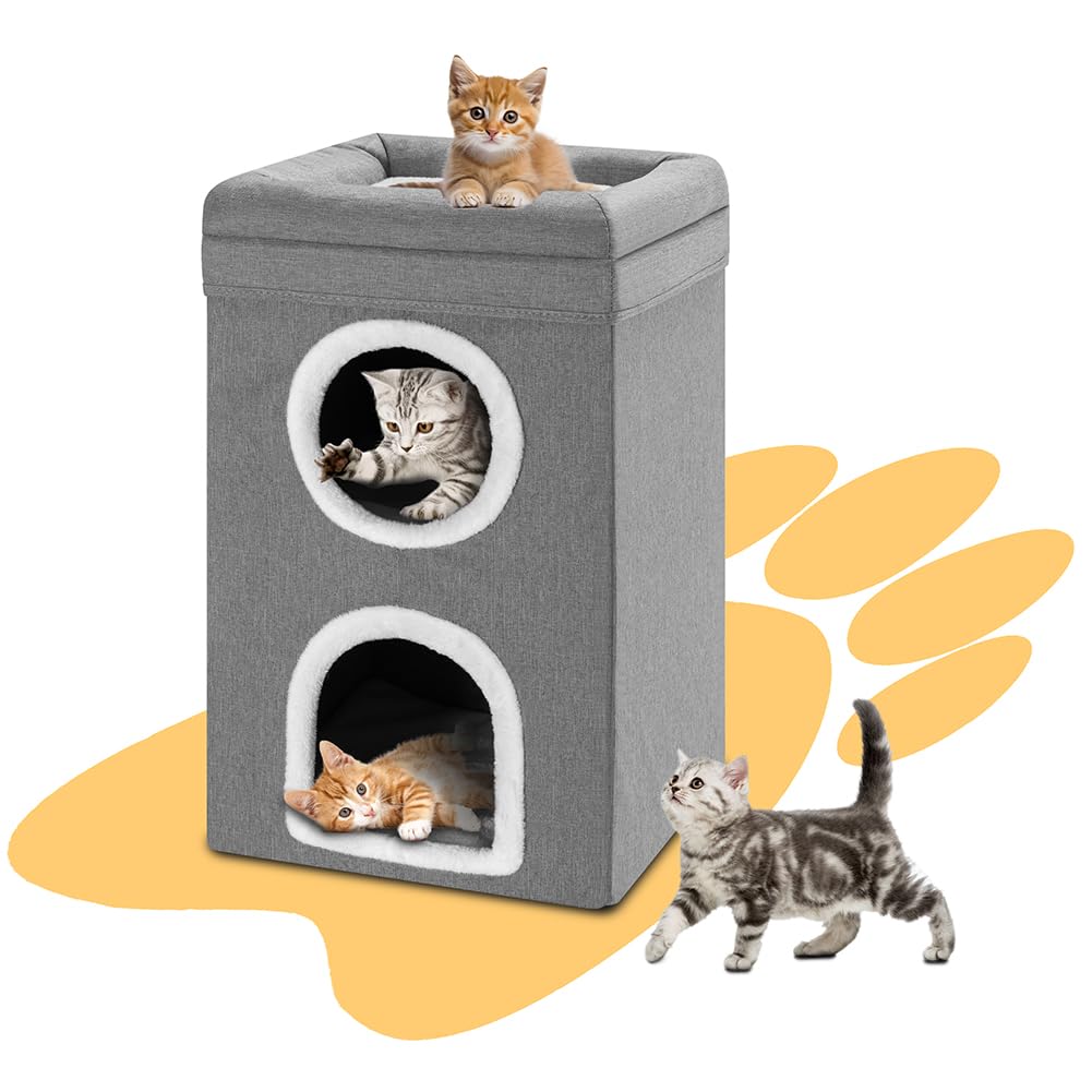 BAKAJI Niche pour Chat Pliable Gris 2 étagères Verticales, abris pour Animaux domestiques, griffoir en Polyester Chaud et rembourré, lit avec Base antidérapante 41 x 41 x 63 cm