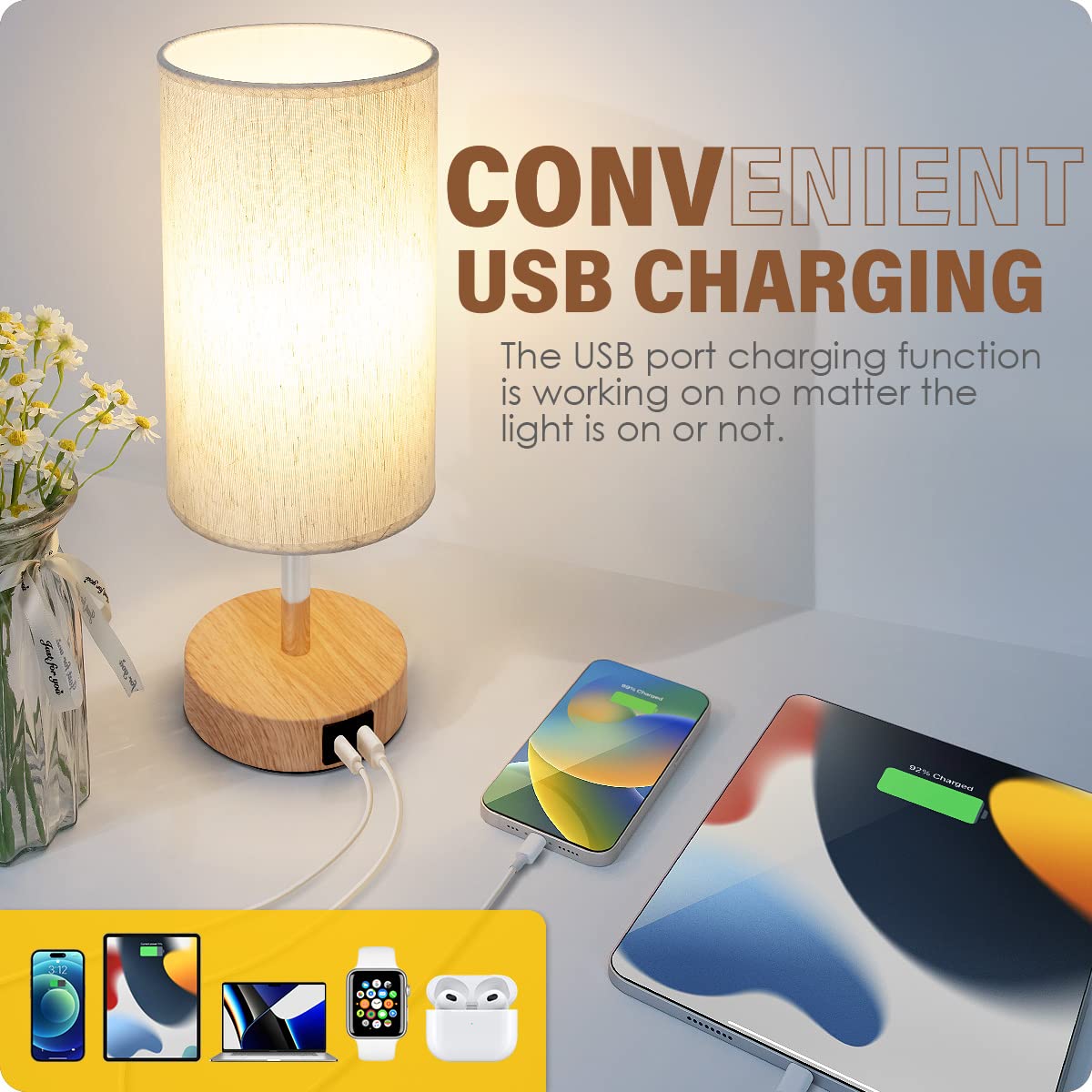 Yarra-Decor Lámpara de cabecera con puertos de carga USB A+C juego de dos - lámpara de mesa de control táctil para madera Lámpara de soporte de noche regulable de 3 vías con pantalla de tela redonda