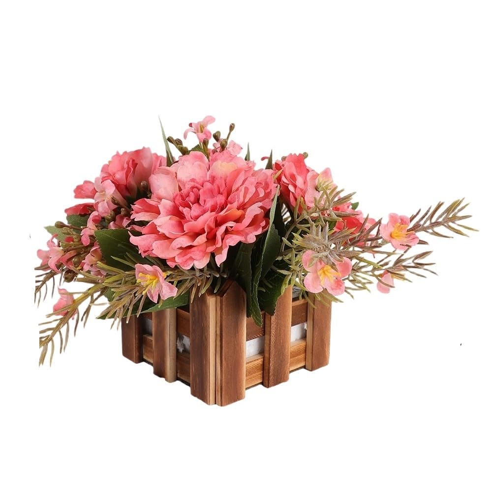 Huffa Pink Simulated Peony Flower Pots For Home Decoration | Decorative Silk Flower Ornaments With Wooden Fences(Pink)