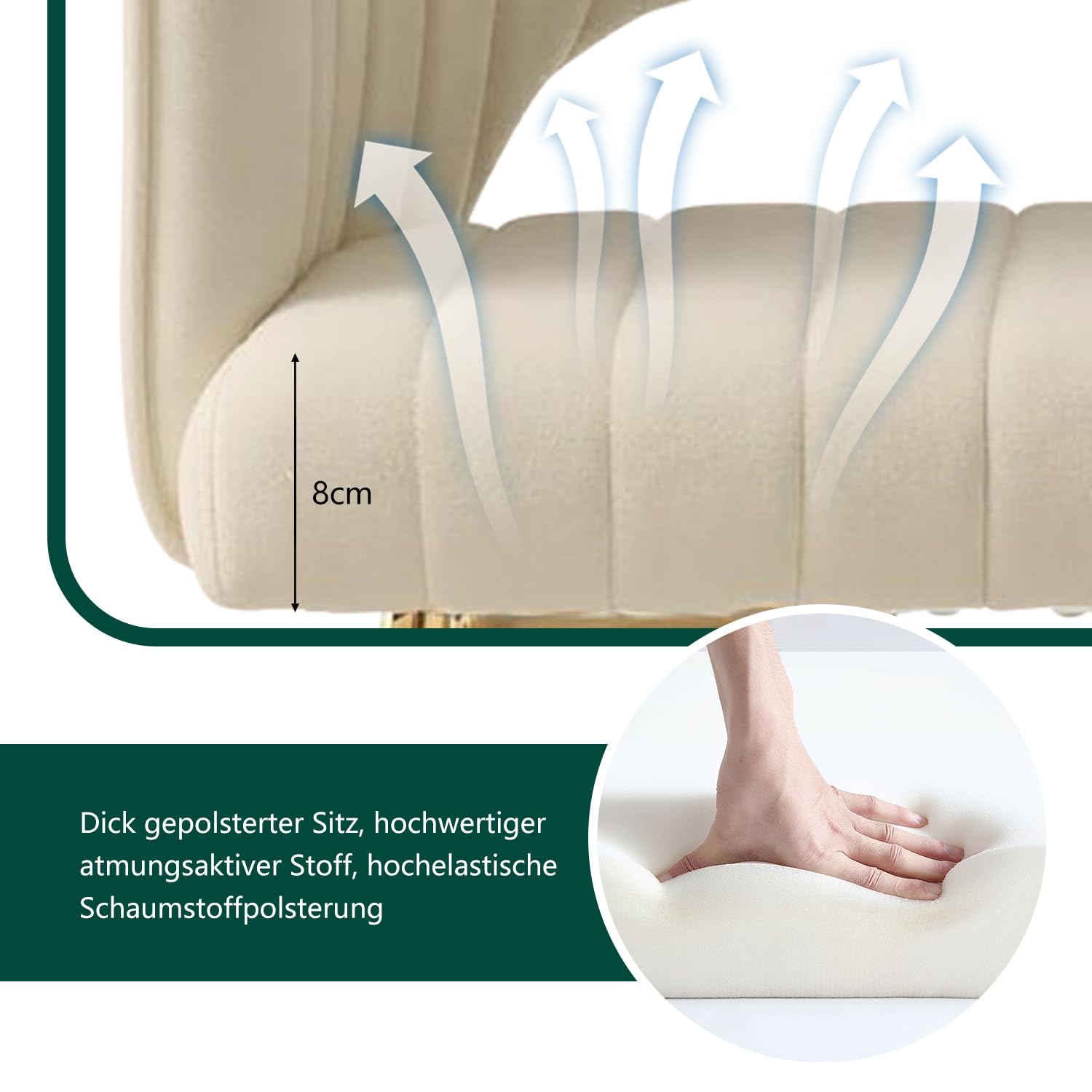 Set di 4 sedie da pranzo in velluto con gambe imbottite e gambe color crema bianco, sedie da cucina moderne per soggiorno, camera da letto, ufficio