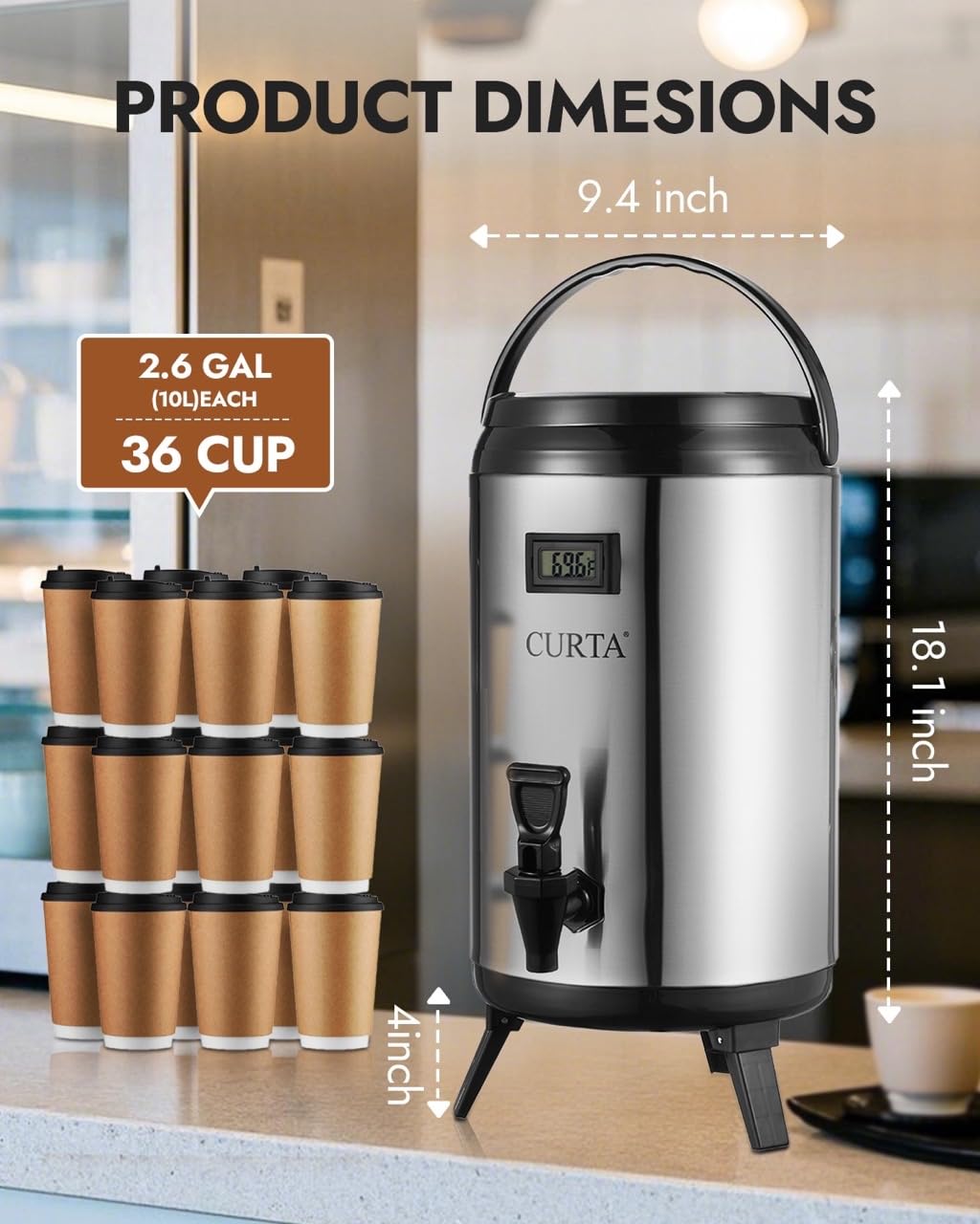 Dispensador de bebidas aislado de acero inoxidable, dispensador térmico de bebidas de café caliente y frío con espiga para agua caliente, té y café, leche fría, jugo y más, verde azulado, 10 litros