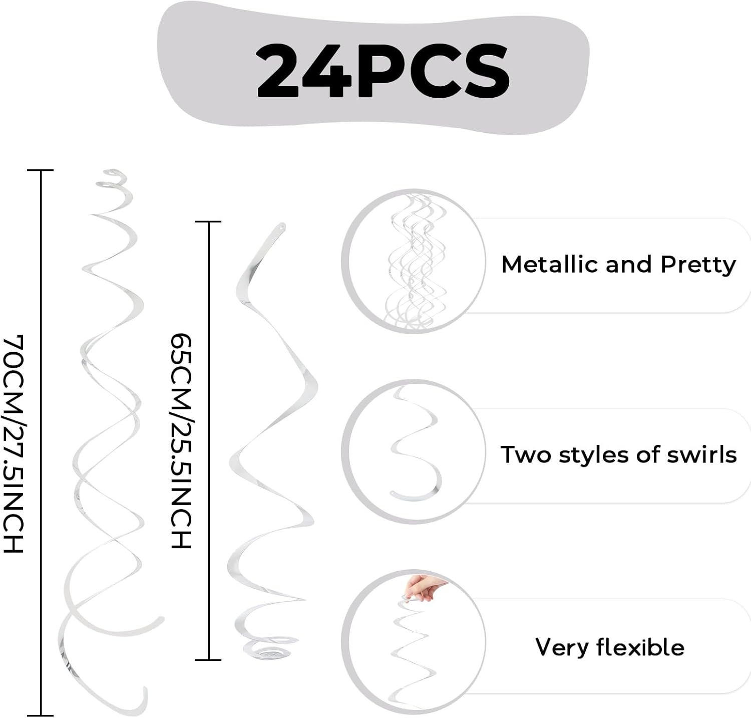 24 PCS Silver Foil Hanging Swirl, Sparkle Ceiling Hanging Decorations, Plastic Streamer Party Decorations, Swirl Decorations with Double-Swirls and Single-Swirls for Birthday,Happy New Years - Image 6