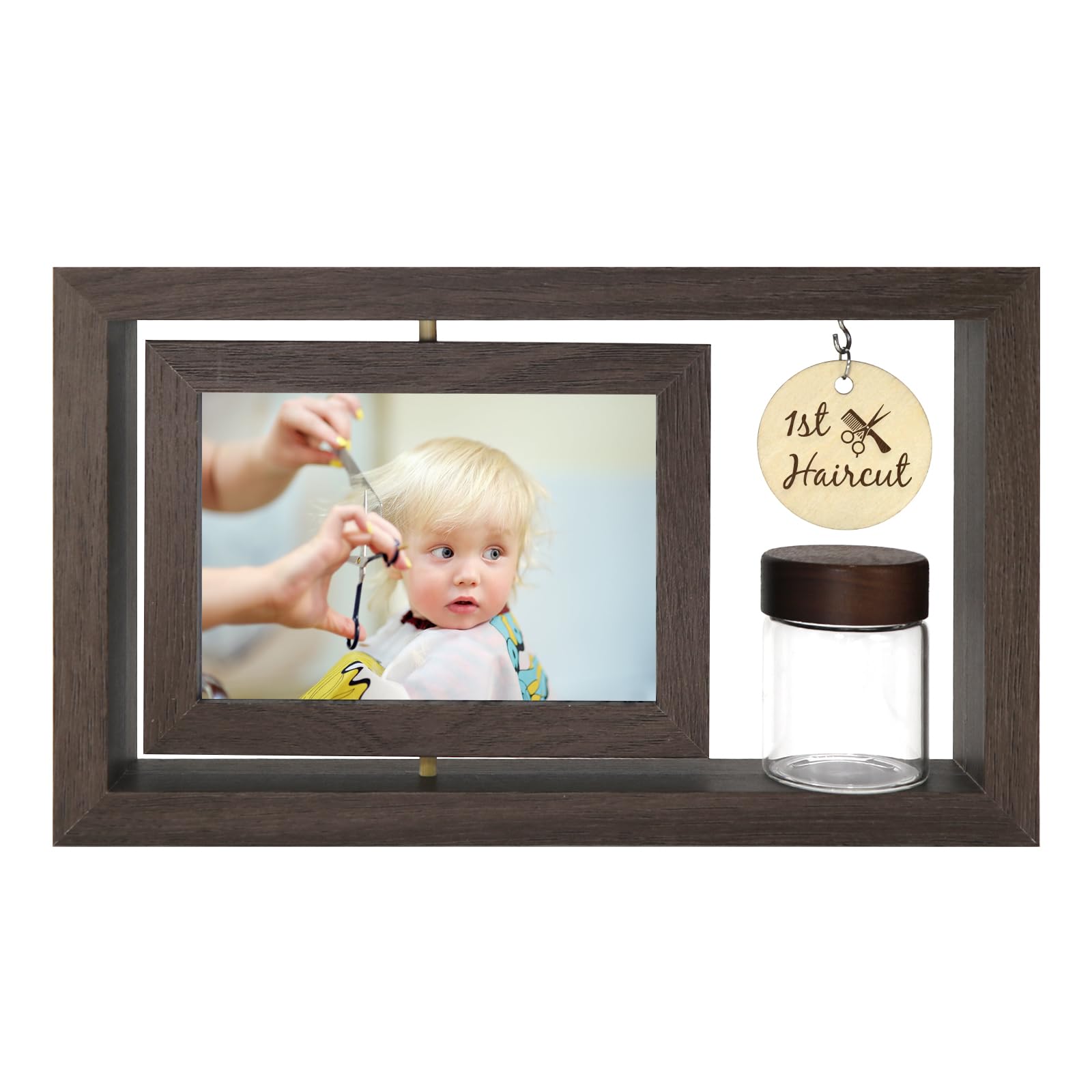 Custom My First Haircut Keepsake Frame - Rotatable Display of Before and After Haircut Photos with Glass Keepsake Jar for Baby Hair,Newborn Memory Gift for Boy or Girl,Holds Two 4x6 Pictures (brown2)