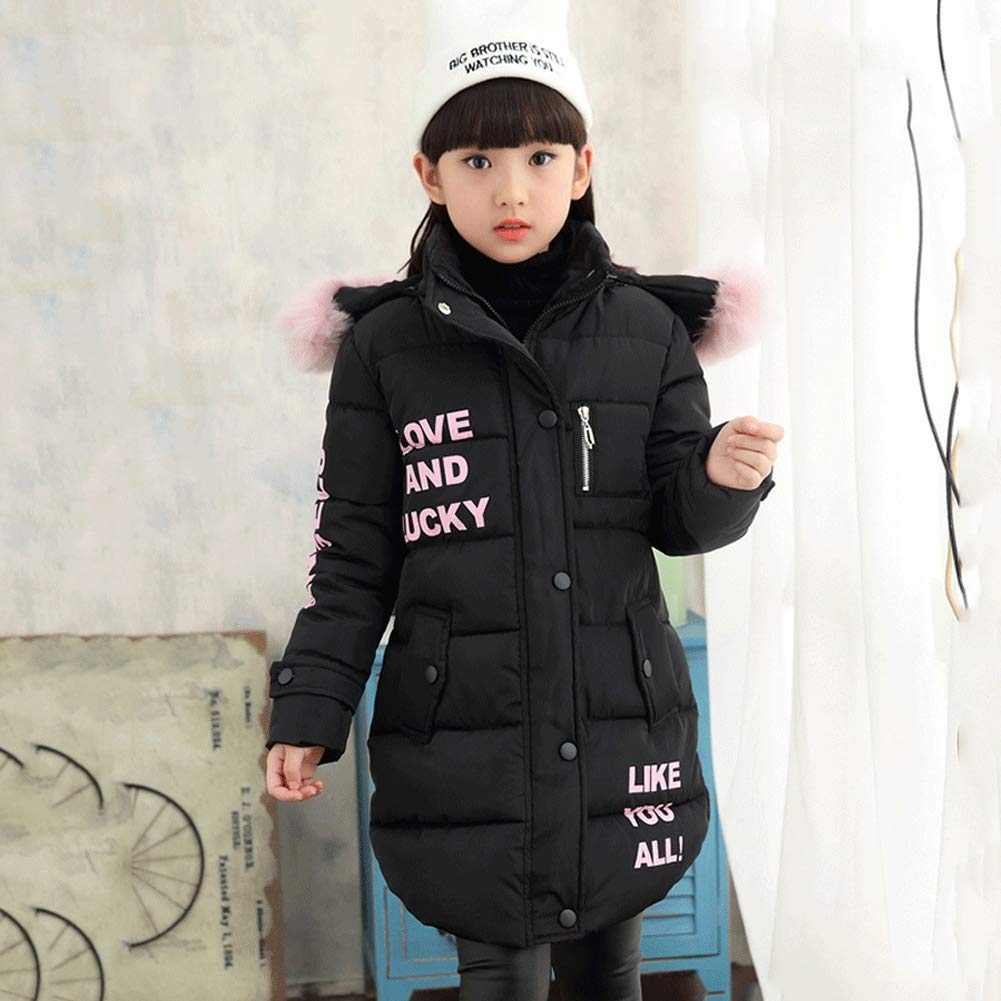 Niñas Abrigo Acolchado de Invierno con Capucha de Pelo Chaqueta Caliente de Algodón con Estampado de Letras