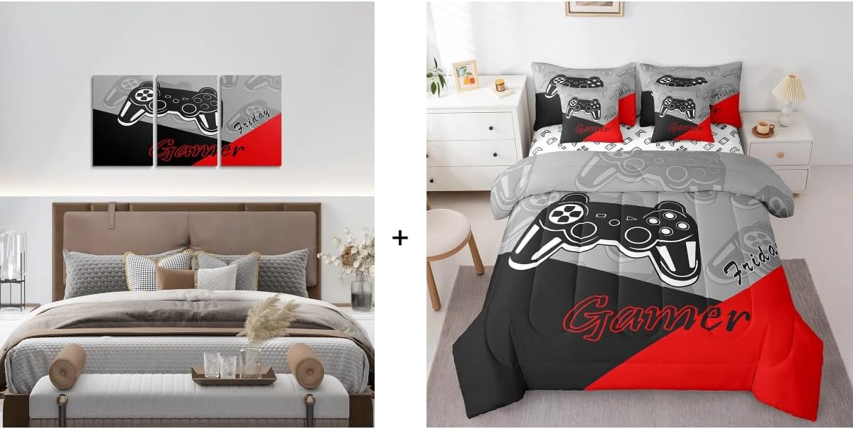 Feelyou 10Pcs Gamer for Kids Girls Pack Bed Set Bundle Includes Full Size Comforter Set Sheets and Canvas Wall Art