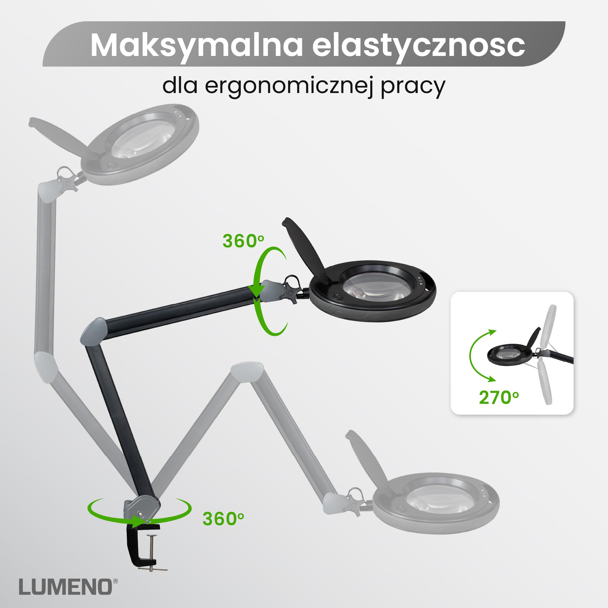 Lumeno ściemnialna lampa powiększająca LED 8513SW z dużą soczewką z szkła 152 mm, regulowane poziomy jasności, odpowiednia jako lampa robocza, lampa lupa, pomoc do czytania, 3 dioptrie, czarna