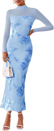 Lazysmile Women's Long Sleeve Fall Floral Bodycon Mesh Maxi Formal Dress | Floral Mesh, Mock Neck Long Sleeve, Bodycon Maxi Dress, Semi Formal Dinner Dress, Wedding Guest Cocktail Party Dresses