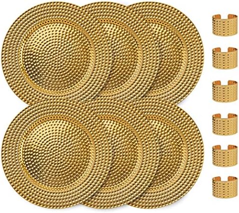Home Collectives 13 Inch Round Elegant Serve ware Charger Plates with Matching Napkin Rings, Wedding, Dinner party, Event - Choose from our Variety of Styles and Quanties (6, Hammered Gold)