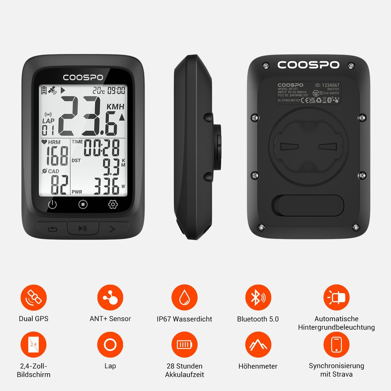 COOPSO BC107 Fahrradcomputer GPS Kabellos Drahtloser Fahrradtacho Kilometerzähler, Bluetooth5.0 ANT+ Rennrad Fahrrad Radcomputer 2.4 Zoll LCD mit Hintergrundbeleuchtung Kompatible mit Strava