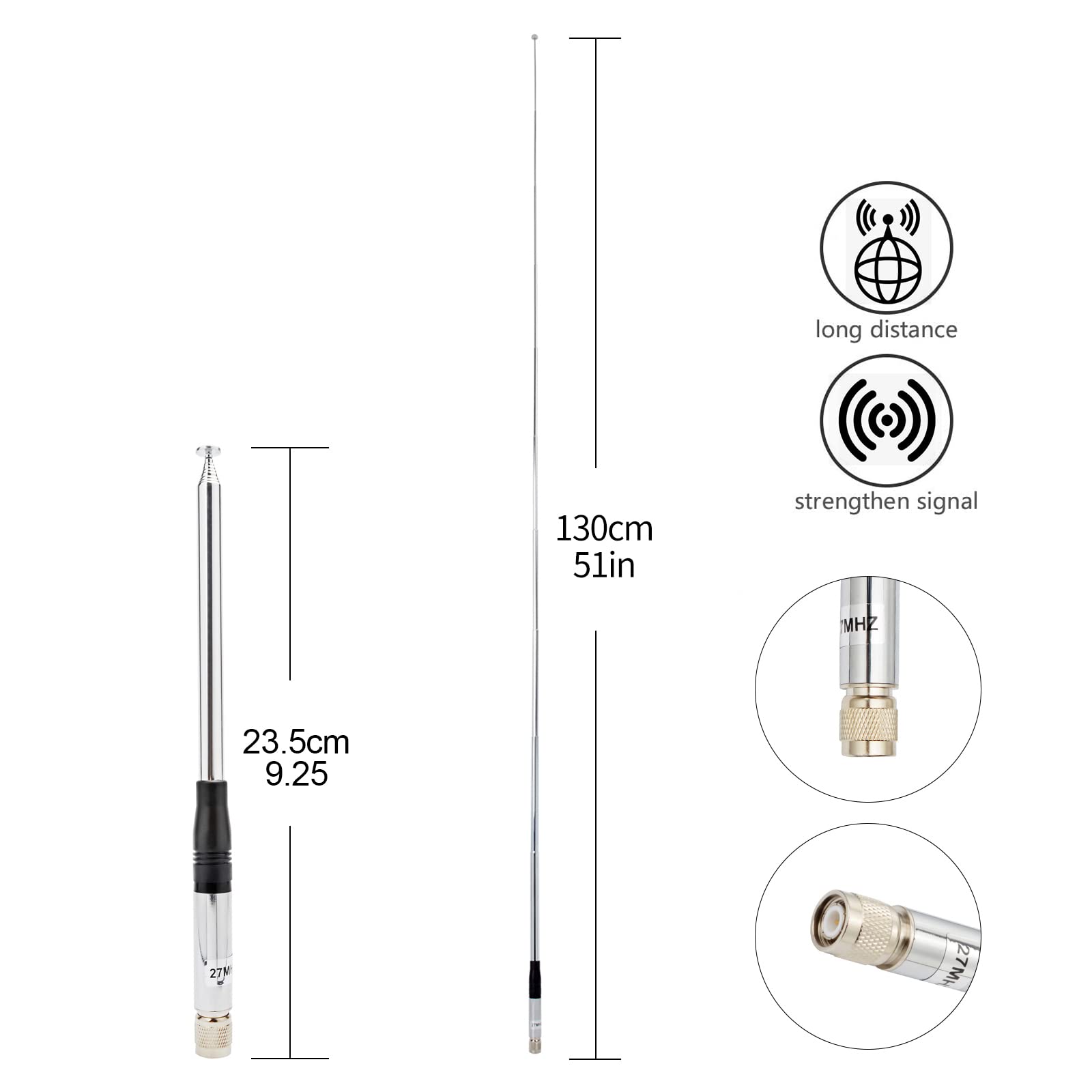 TWAYRDIO Antenna radio CB TNC 27 MHz Telescopica Palmare Antenna Estensibile 9,2 "a 1,3 m Radio per Presidente Randy III 3 PNI Escort HP 72 Portatile Portatile Portatile CB Amatoriale Radio