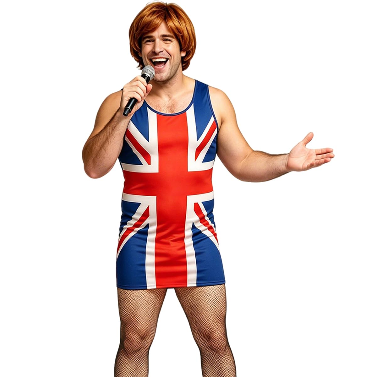 Union Jack Dress for Men Red White Blue 90s Fancy Dress Costume for Adults British Icons Stag Do Outfit for Eurovision Party Retro Pop Star Dress Up (British flag + Stockings, XS)