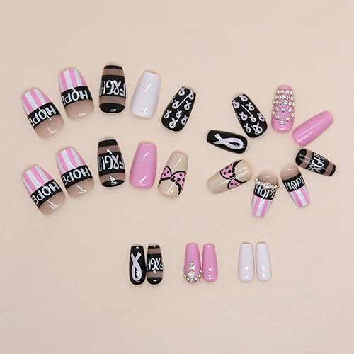 Miniatura 5 de 24 uñas postizas a presión para concientización sobre el cáncer de mama, uñas postizas de longitud media con diseños de diamantes de imitación,