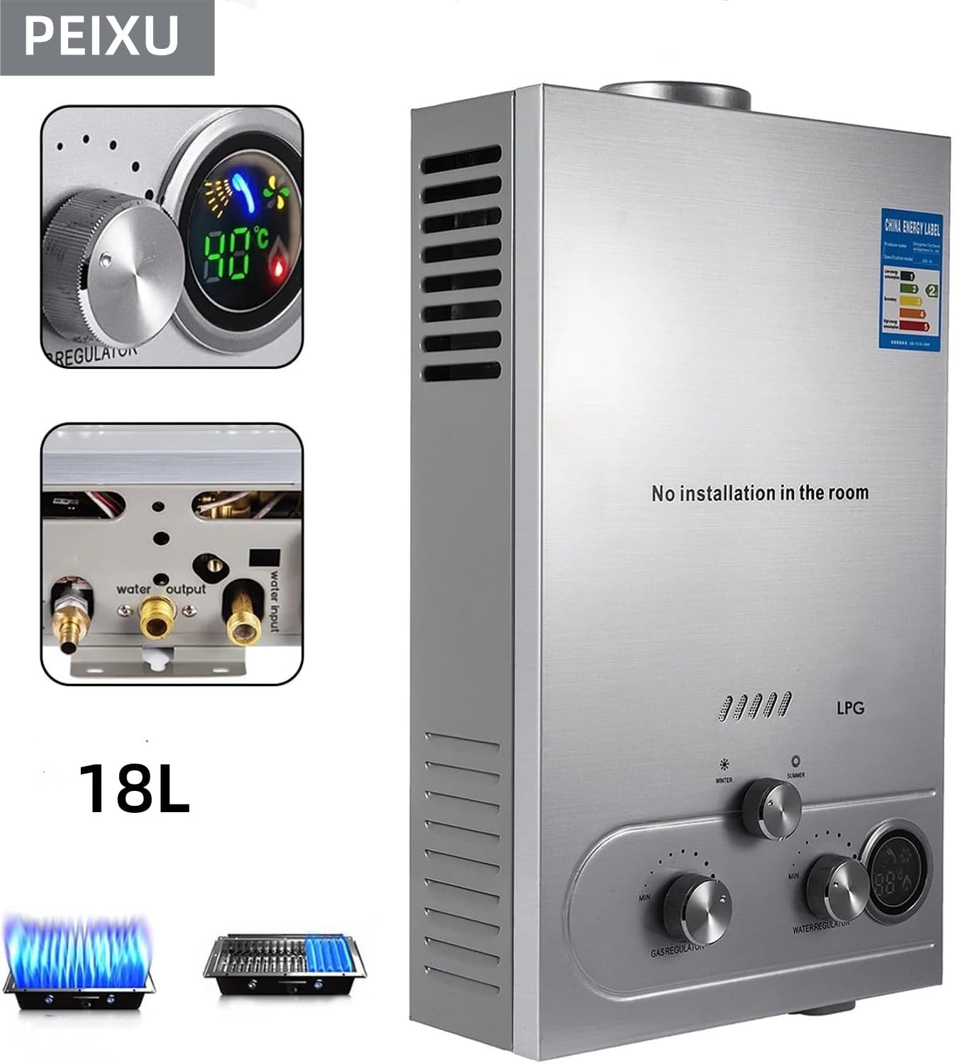 LPG Warmwasserbereiter 18L Gas Gasdurchlauferhitzer Butane Warmwasserbereiter Propane Warmwasserbereiter,Wasserdurchfluss 18L/min,36KW Durchlauferhitzer,Instant Boiler,mit Sommer-Winter-Muster
