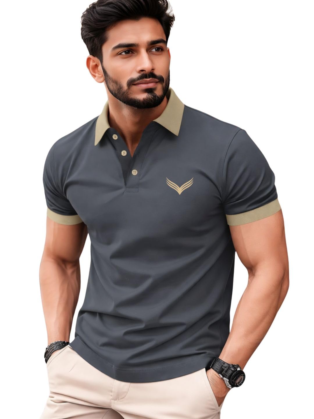 Men Short Sleeve Polo Neck T-Shirt Green Polyester-picture-10