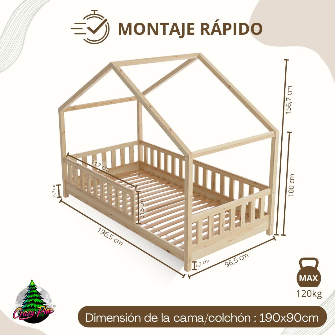 Cama Montessori en Forma de Casa 190x90 cm - Cama Infantil con Protección contra Caídas 31,5cm - Camas Infantiles niños y niñas - Madera Natural