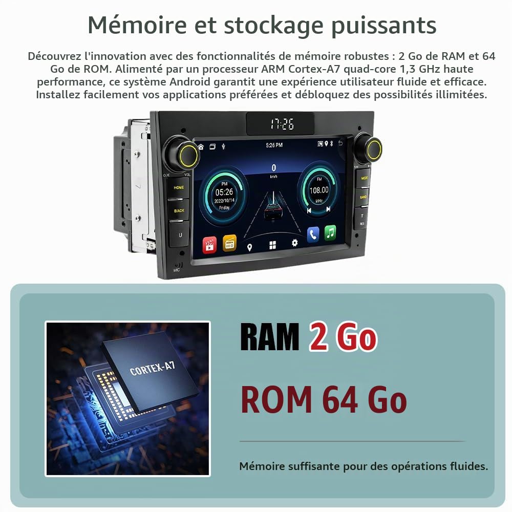 Autoradio Compatible with Opel Vauxhall Corsa, Astra, Vectra, Zafira, Antara Android 2G+64G, CarPlay sans Fil et Android Auto, Bluetooth, écran LCD 7 Pouces, GPS, RDS, WiFi