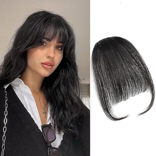 LE SECRET Flequillo con clip, de cabello humano real, flequillo rizado natural, con flequillo, con extensiones de sienes, clip en flequillo plano y