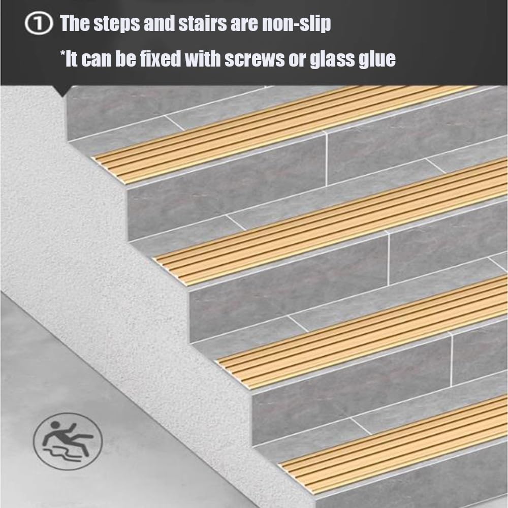 Bandes antidérapantes d'escalier stratifiées en aluminium, protecteur de bord d'escalier en métal de 35,4 pouces/90 cm, bande de transition plate de sol antidérapante for marches(Black,5cm/2in)