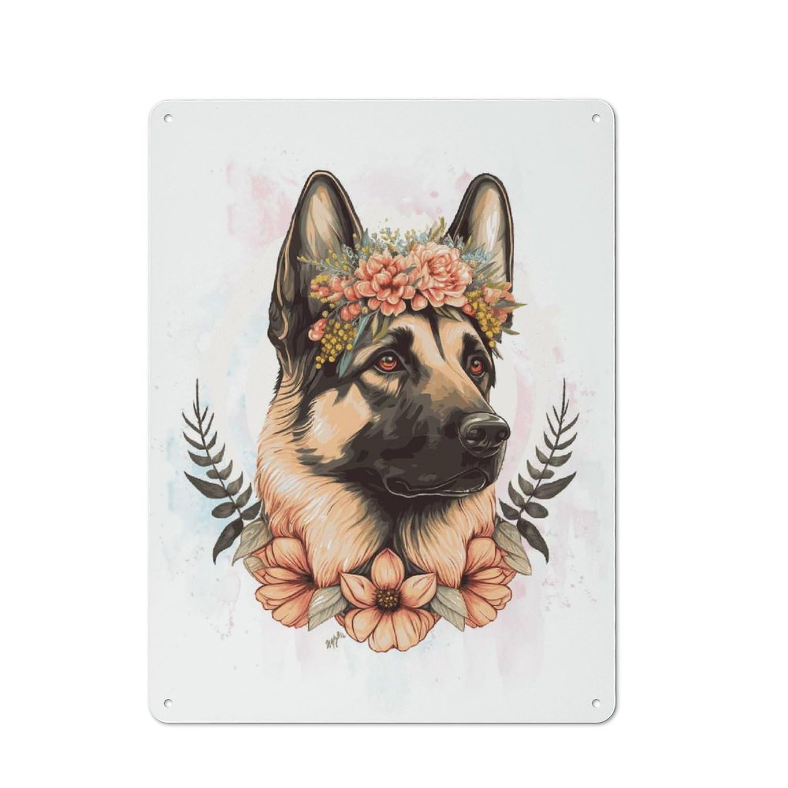 Junmoney Style-23 Decorative Tin Sign With Floral German Shepherd Dog Design 40X30cm, Farmhouse Cottage Wall Art For Farmhouse Kitchen, Pantry Or Dining Area
