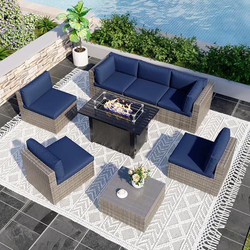 8 Pieces Outdoor Patio Furniture Set with 43″ Fire Pit Table, Wicker Outdoor Patio Sectional Sofas Coffee Table, All-Weather Patio Conversation Set with Cushions for Garden Backyard, Navy Blue