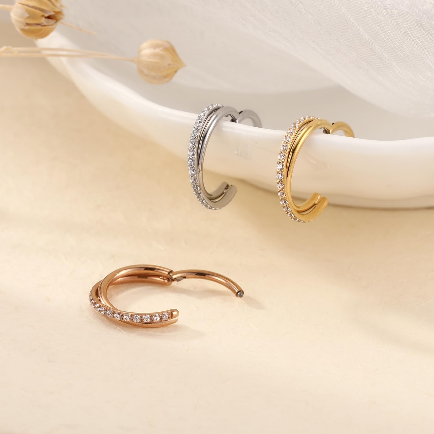 FUNLMO 316L Surgical Steel Tragus Helix Rook Conch Daith Piercing Jewelry Cartilage Hoop Earring Cube Zircon Hinged Nose Ring Hoop - Image 4