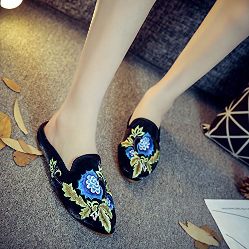 Qhome Women's Chinese Floral Embroidery Pointed-Toe Comfortable Satin Casual Mules House Pumps Slippers Shoes2