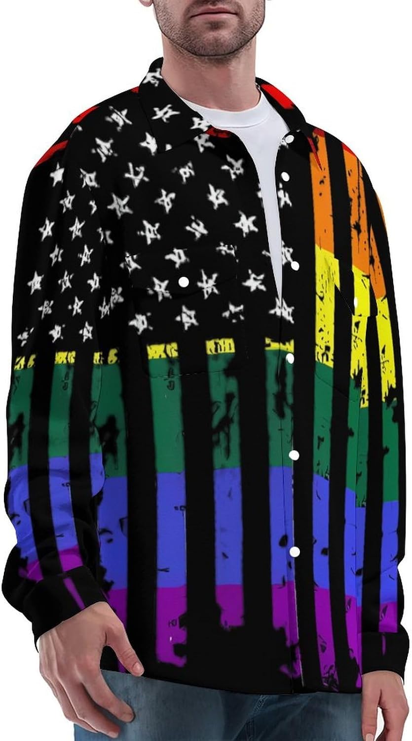 American Rainbow Flag Men's Shirts Casual Jacket Long Sleeve Coat Novelty Outwear Tops