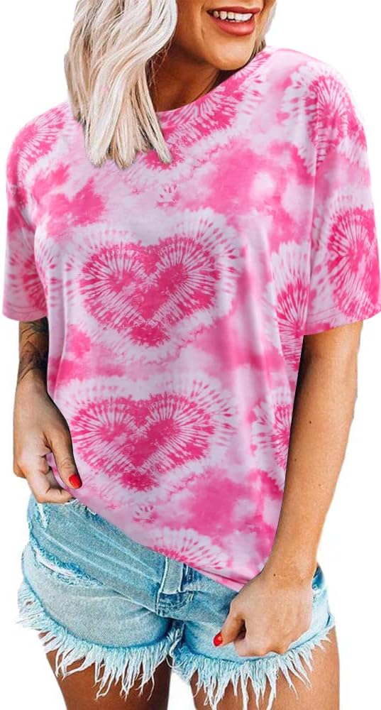 Women Valentines Shirts Tie Dye Heart Graphic Short Sleeve Cute Round Neck Shirt for Women Lover Gift Tops - Image 3