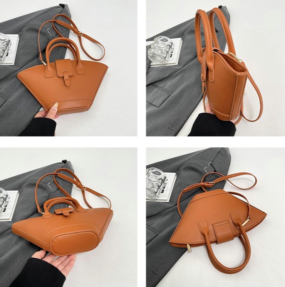 Trendy Fan-shaped Bucket Bag for Women Retro PU Leather Shoulder Crossbody Bag with Top Handle Satchel Purse