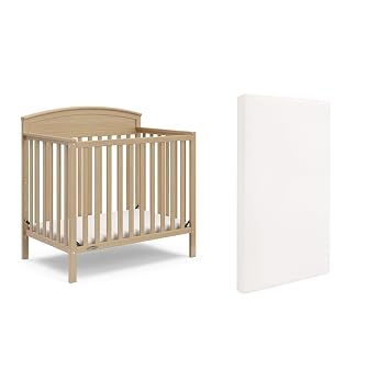 Graco Benton 4-in-1 Convertible Mini Crib with Bonus Crib Mattress GREENGUARD Gold Certified, 2.75-Inch Mattress Included, Baby Crib Converts to Twin Bed, Ideal for Small Spaces Driftwood