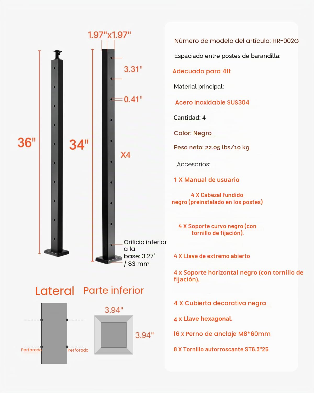 VEVOR Poste de Barandilla de Cable, 4 PCS Postes de Barandilla 91,4 x 5 x 5 cm Poste de Riel de Cable de Acero Inoxidable SUS304 con Soporte Horizontal y Curvo, Negro, 4JZLGZXHS914MY65M001V0
