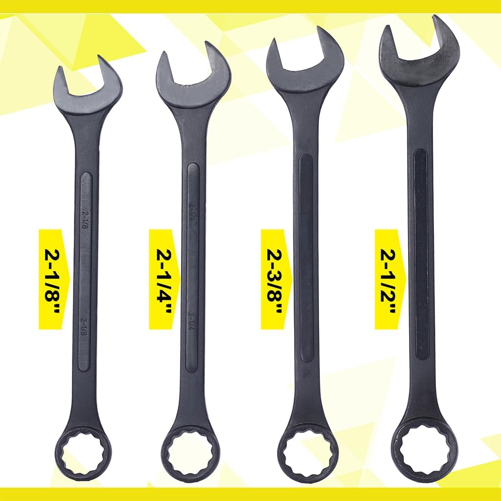 Jumbo Combination Wrench Set, SAE 2-1/8'', 2-1/4'', 2-3/8'', and 2-1/2'' Extra Large 4-Piece Open-End Wrench Set, Storage Bag Included, Black Oxide Finish
