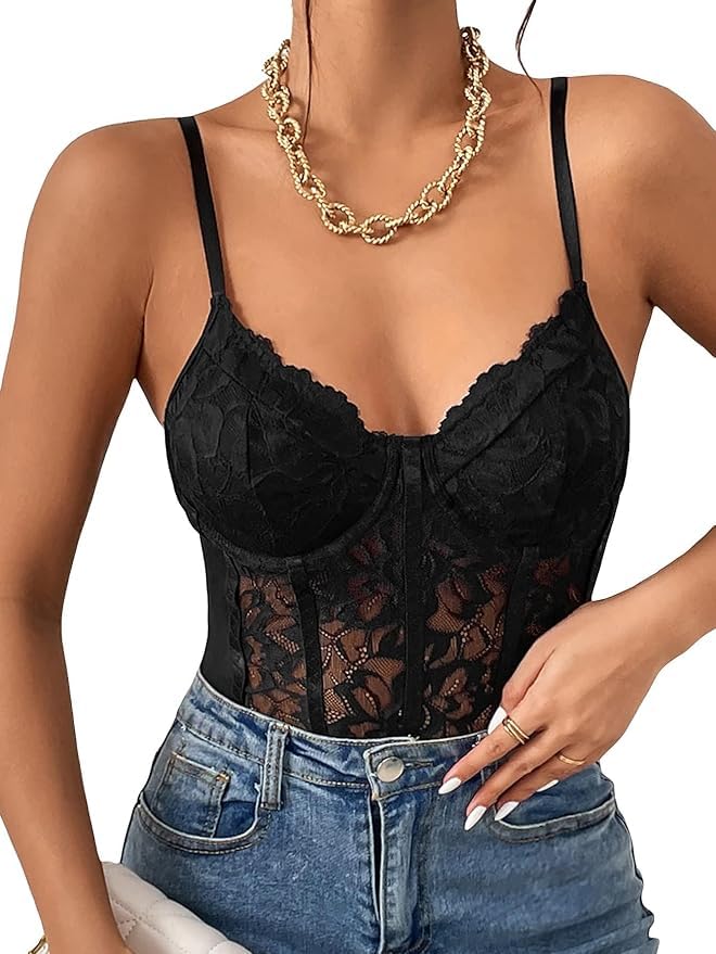 Women's Floral Lace Sheer Mesh Corset Bodysuit Spaghetti Strap Cami Top