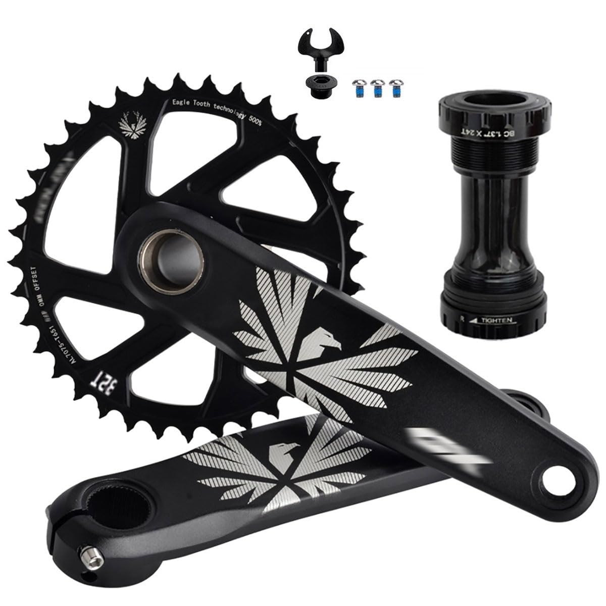 HZXQCVB Mountain Bike Crankset 170mm/175mm Crank Length Arms 30T/32T/34T/36T/38T Chainring Hollow Integrated Aluminum Alloy Crank With Bottom Bracket Kit(Black 175mm,34T)