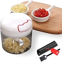 Garlic Press, Crusher, Cutter, Mincer, and Storage Container - Food Chopper Includes Silicone Garlic Peeler - Easy to Clean - Stainless Steel Blades